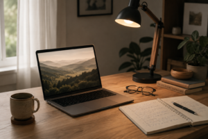 Laptop dan catatan di meja kerja sebagai simbol memulai lagi dalam hidup